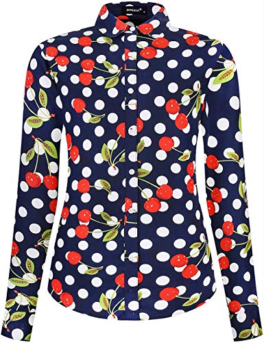DOKKIA Women's Tops Feminine Long Sleeve Polka Dot Button Down Work Dress Blouses Shirts (Small, Navy Blue Cherry Polka Dot)