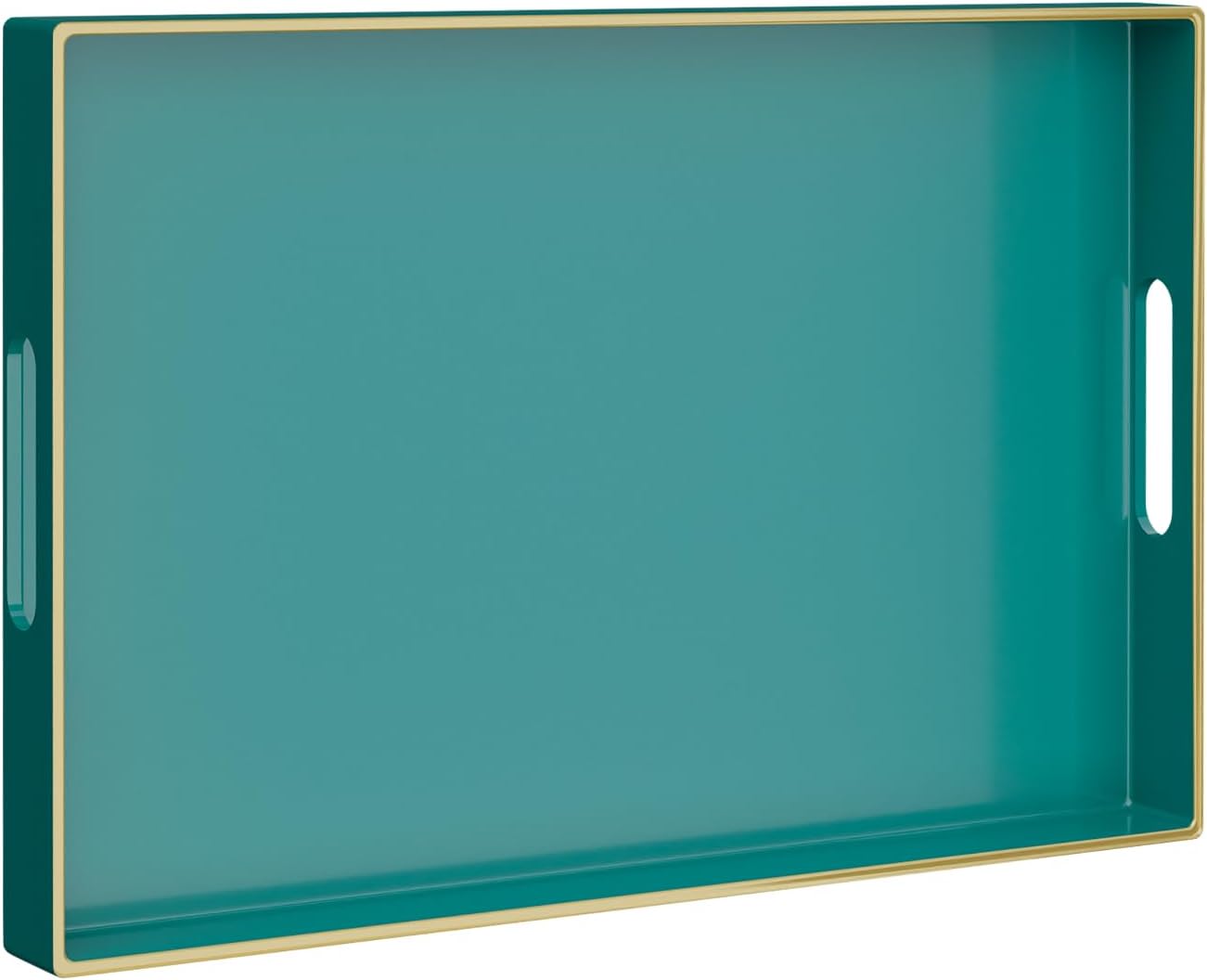 MAONAME Green Serving Tray with Handles, Rectangular Decorative Tray, Modern Coffee Table Trays, Plastic Ottoman Trays for Bathroom, Decor, 15.7” x 11.8” x 1.57"
