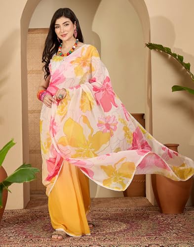 Image of SIRIL Women's Georgette Floral Printed Saree with Unstitched Blouse Piece