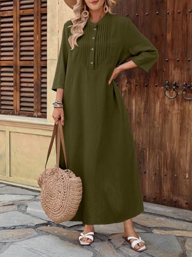 Image of Celmia Autumn Solid Loose Long Maxi Dress Cotton Caftan