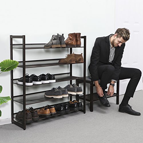 Image of SONGMICS 5-Tier Metal Shoe Rack Adjustable to Flat or Slant Shoe Organizer Holder Stand Shelves Stackable for Entryway Bedroom Bronze ULMR05A