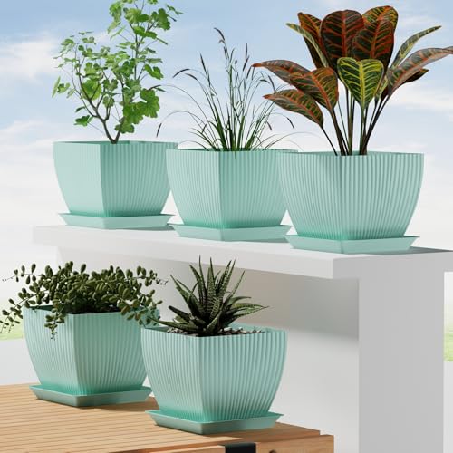Image of ELUVIA 7-inch Square Planters with Saucers (Set of 5) - Modern Fluted Flower Pots with Drainage Holes and Trays - Premium Plastic Indoor Outdoor Plant Pots for Succulents, Flowers (Sky Blue)
