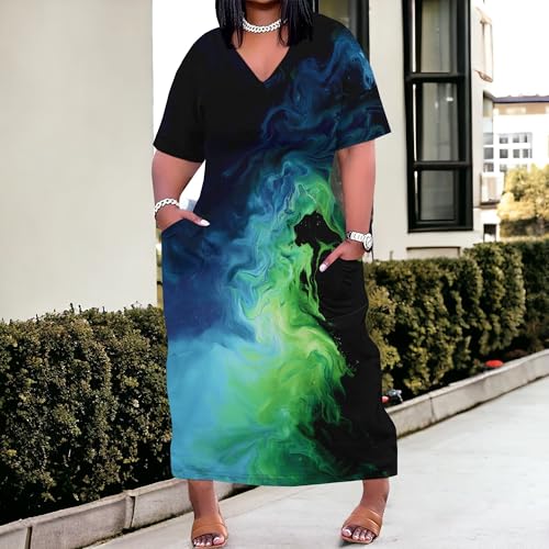 Image of SUZONANA Women Casual T-Shirt Dress V Neck Short Sleeve Solid Color Oversize Dress with Front Two Pockets