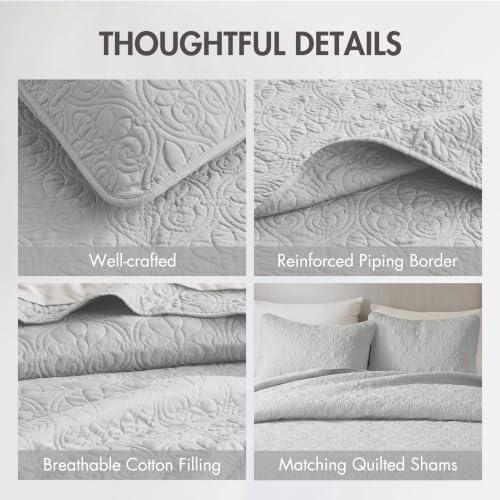 Image of Madison Park Luxurious Cotton Damask Quilt Set, 3PC Full /Queen Bed Set | All Season, Lightweight Stitching Coverlet Bedspread Bedding Stitching with Shams, Grey