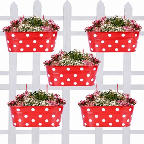 Image of TrustBasket Dotted Oval Railing Planters Basket - Red (Set of 5) | Hanging Planter | Anti Rust Plant Container Gamla for Home Decor | Indoor & Outdoor