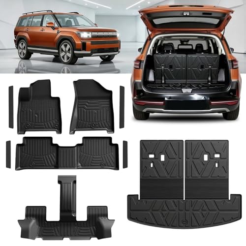 SSESS TPE Floor Mats Set for Hyundai Santa Fe 2026 2025 2024 6/7 Seats All Weather TPE Custom Fit Floor Liners & Cargo Liner & Backrest Mats (Include Gasoline & Hybrid)
