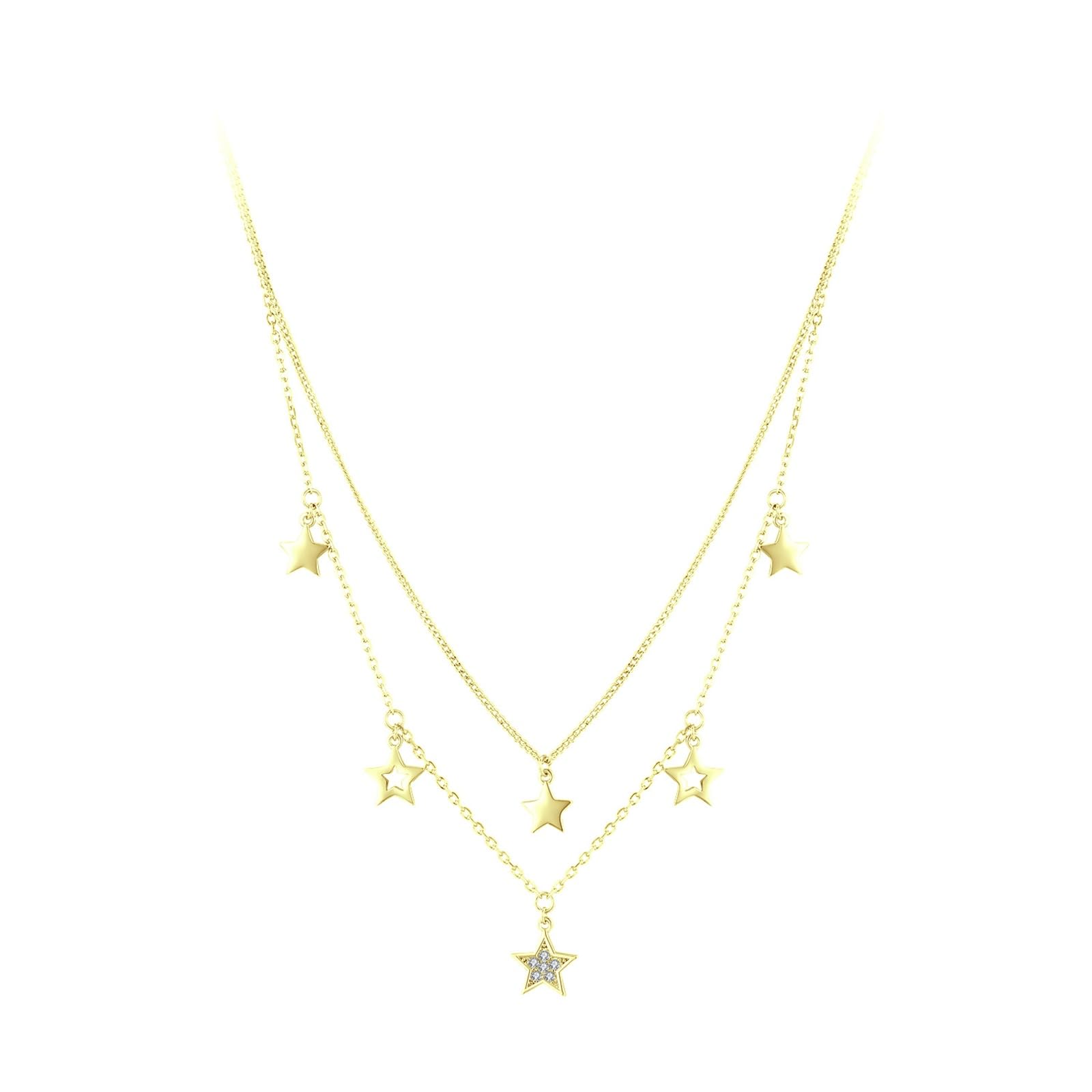 Collares de estrella de 2 capas para mujer, cadena de oro amarillo de 9 quilates, 14 quilates, 18 quilates con moissanita, collar de estrella de cable alargado para mujer, 40 + 5 cm