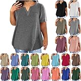 Plus Size Tops for Women Dressy Blouse Notch V Neck Oversized T Shirts Summer Casual Short Sleeve Tshirt with Pockets, A#01 Dark Gray, X-Large