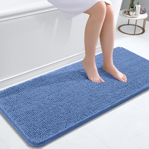 Image of OLANLY Bathroom Runner Rugs 47x20, Soft Absorbent Chenille Bath Rugs, Rubber Backing Quick Dry, Machine Washable Long Bath Mats for Bathroom, Tub and Shower, Home Decor Accessories, Cornflower Blue