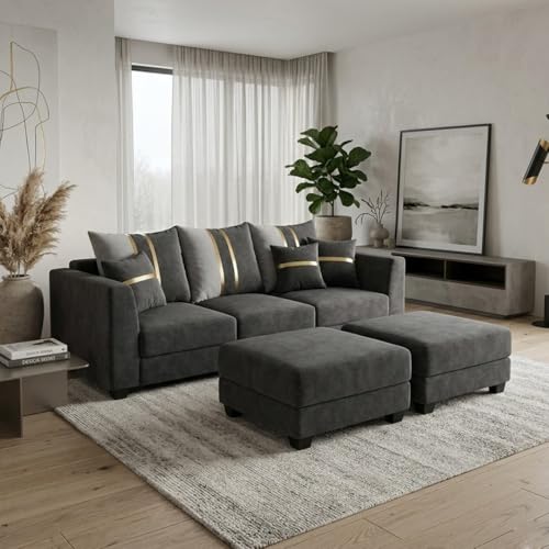 Image of Vero 5 Seater L Shape Sofa Set with 2 Movable Ottomans | Flexible Layout | Luxury Velvet Suede Fabric | Modern Living Room Sofa | Dark Grey
