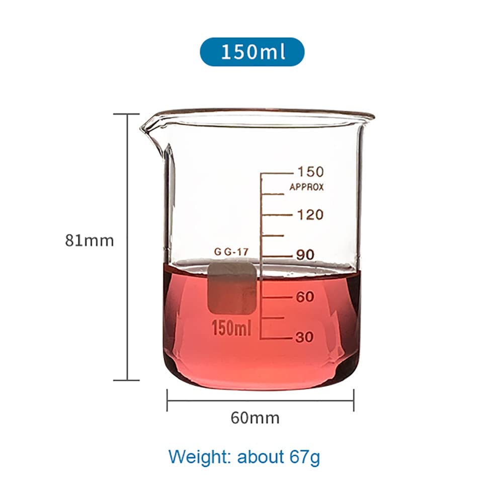 6 vasos de precipitados de vidrio de forma baja, (100 ml, 150 ml, 200 ml, 250 ml, 300 ml) Vaso de laboratorio de borosilicato, vaso de medición de vidrio con graduación y pico vertedor, para laborat