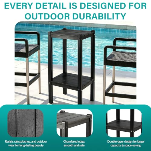 Image of Bar Height Outdoor Side Table with Shelf - All-Weather HDPE End Table with Realistic Wood Grain, 36 inch Height for Patio & Deck (Black)