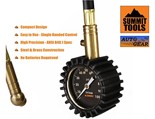 Summit Tools Tire Pressure Gauge with Glow Dial, 0 to 100 PSI, Hold Valve, 10 in. Flexible Hose, Pressure Bleeding Button, Rubber Head Cover. Automobile Accessory