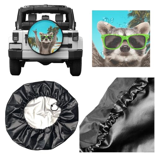 Image of 80s Raccoon Spare Tire Cover for Rv Trailer Camper Truck SUV - Cute Raccoon Animal Wheel Protectors Cover Waterproof Fabric for Travel Camping Outdoor,Universal Fit,16 inch