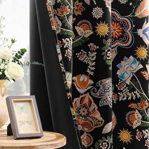 Image of XiDi Black Dark Short Floral Patterned Blackout Curtains 54 Inches Long