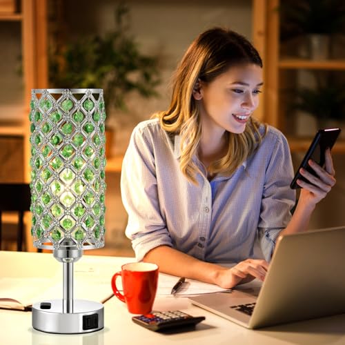 Image of Hong-in Green Crystal Lamp Touch Control Set of 2, Crystal Table Lamps with USB C+A Ports & AC Outlet, 3-Way Dimmable Nightstand Touch Lamp, Modern Bedside Table Lamp for Bedroom(Bulbs Included)