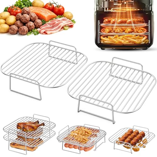 PETHREE Airfryer Zubehör Stapelbar Grillrost #304 Edelstahl Heißluftfritteuse Zubehör für Cosori 5 5L/6L/6 4L Philips 7 2/7 3L Ninja 6 2L Russell Hobbs 5 5L andere 5L-8L Quadrat Air Fryer 2er-set