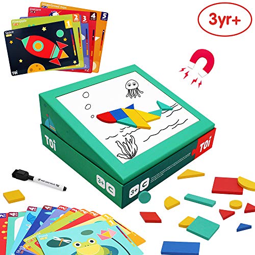 Preisvergleich Produktbild ANIKI TOYS Magnetische geometrische Musterblöcke Puzzle Lernspielzeug Tangrams Puzzles 30 Karten mit Zwei Seiten und 5 Schwierigkeitsstufen Weißes Zeichenbrett und Pinselstift