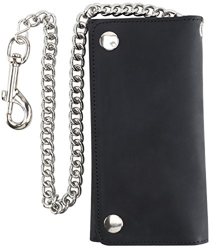 Image of RFID Blocking Men's Tri-fold Vintage Long Style cow Leather With Chain card holder Wallet,MADE IN USA