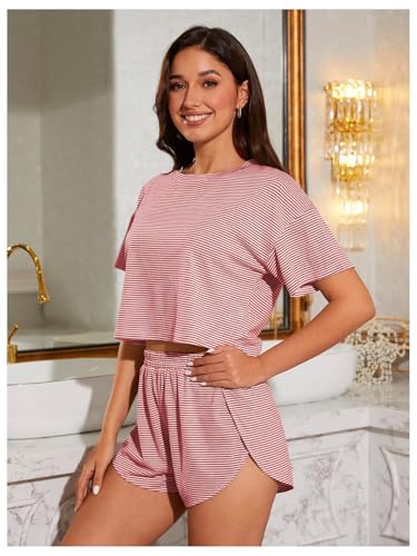 Image of OYOANGLE 2 Pack Pajama for Woman Set Summer Cute PJ Sets Striped Short Sleeve Tshirt and Split Shorts Lounge Set
