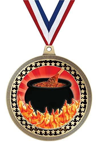 2.75" Flaming Hot Chili Pot Medal Awards, Gold Vega Flaming Hot Chili Pot Team Trophy Awards Includes Free Neck Ribbon 100 Pack Prime