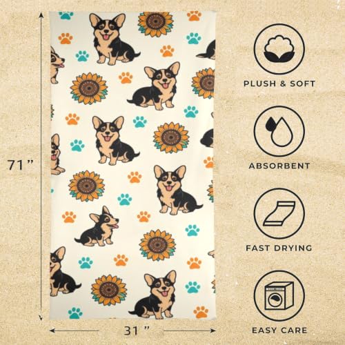 Toalla de playa portátil extragrande con diseño de girasol y corgi, suave, súper absorbente y de secado rápido, multiusos, 31" x 71" miniatura 3