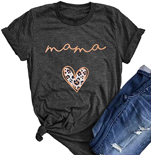 Image of Mama Shirt Women Cute Leopard Heart Graphic T Shirt Tee Casual Letter Print Crewneck Tops (M, Dark Grey)