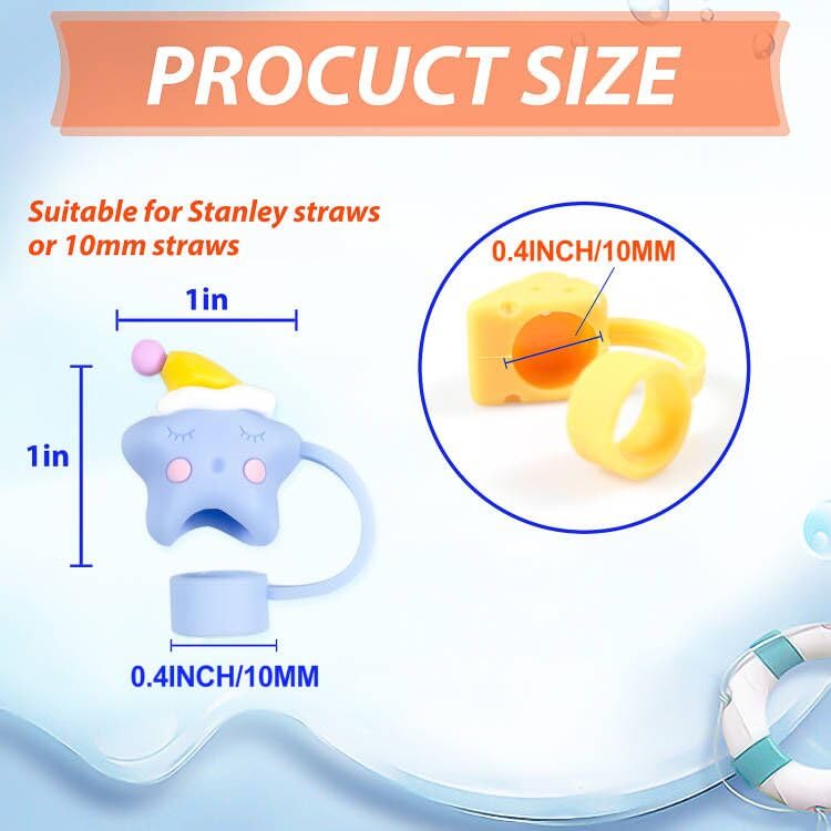 8Pcs Straw Cover for Stanley Cup, Upgrated 10mm Silicone Straw Covers Cap,Cute Cartoon Dust-Proof Reusable Drinking Straw Tips Protector for Stanley Cup or 10mm Drinking Straws Plug Decoration
