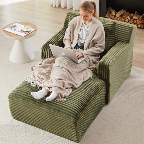 Image of KEIKI 65.4 inch Indoor Single Chaise Sofa, Oversized Corduroy Lounge Chair for Bedroom & Reading Corner, No Assembly Comfy Sleeper Lounger with High Density Foam & Pocket Spring for Apartment Studio