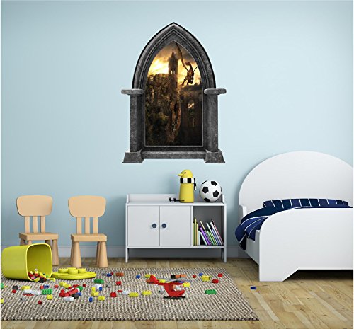 Castle Window Wall Decal - Dragon Wall Murals - Instant 3D Window View - Fairy Tale Wall Sticker - Castle Scape Dragon Kingdom #1 Granite 24" #TOP3