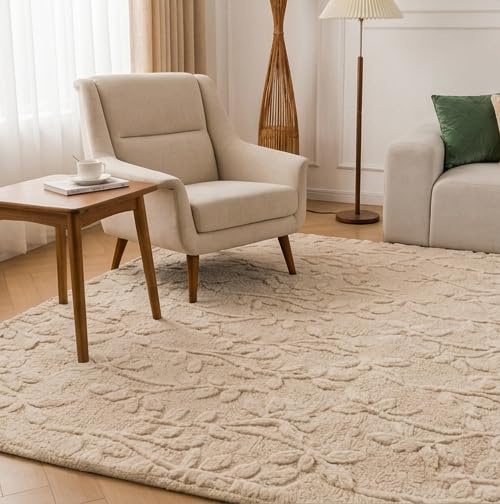Image of HOMETHREADS Premium Plush Soft 2-Layer Faux Rabbit Fur Embossed Carpet, Washable Area Rug with Anti-Skid Backing for Living Room, Bedroom, Hall & Office, Ultra Soft Floor Carpet(Beige, 2' x 6' Feet)