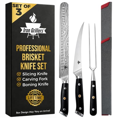 Brisket Knife Set for Meat Carving - 12' Slicing Knife + 6' Curved Boning Knife & Carving Fork for Effortless Meat Cutting, Full Tang & Ergonomic - Razor Sharp German Steel, BBQ Grilling Gifts for Men