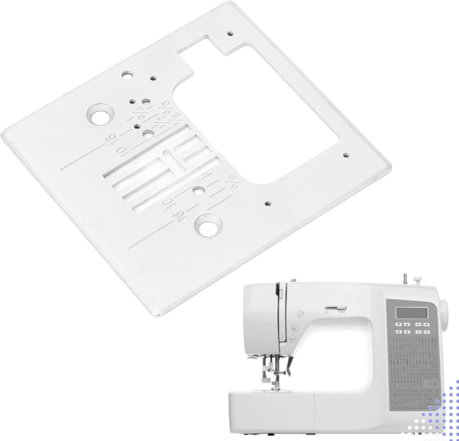 GLOGLOW needle plate positioned next to a sewing machine, illustrating its intended use and scale.