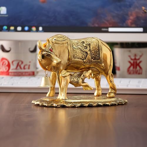 Image of KridayKraft Metal Om Kamdhenu Cow and Calf Metal Statue for Good Luck,Feng Shui As Table Top Figurine,Vastu,Religious Gau MATA Idol Home,Office&Table Decorative,Animal