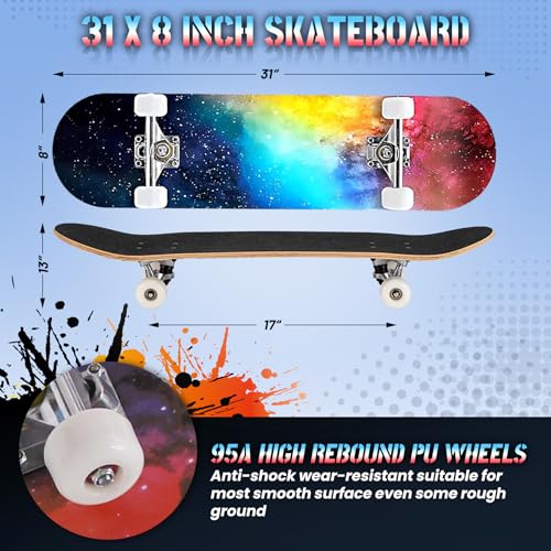 Image of Pro Complete Skateboards for Beginners Girls Boys Kids Youths Teens Adults 31 inchx8 inch Skate Boards 7 Layers Canadian Maple Double Kick Deck Concave Longboard