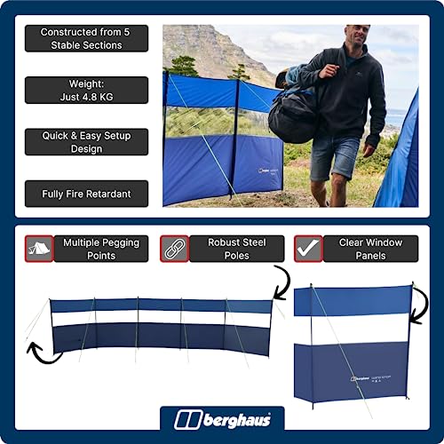 Berghaus Windstop with Clear Window Panels and Reflective Guylines, 5 Panel, 6 Metre, Waterproof, Structured Windbreak from the Air Tent Collection, Camping Equipment, 2000mm HH, Blue - Image 4