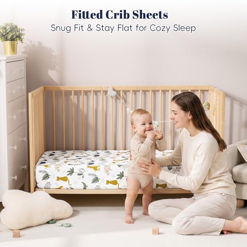 Image of PHF Soft Crib Sheet Fitted, 2 Pack Baby Sheets for Boys Girls, 28x52x9 in Fits Standard Crib and Toddler Mattresses, Silky Comfy Breathable Polyester Baby Mattress Sheets, Forest & Animal