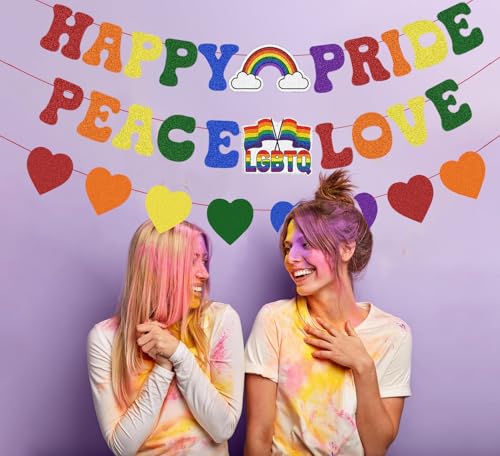 Image of Pre Strung Happy Pride Peace Love Banner Pride Month Decorations, Glitter Rainbow Sign for LGBTQ+ LGBT Party Lesbian Gay Bisexual Transgender Celebration Office Home Indoor Photo Props Backdrop Decor