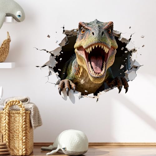Dinosaur Wall Decals 3D Large Dino Crack Wall Stickers - Peel and Stick Wall Art for Bedroom Playroom & Classroom Decor (19.7 x 14.9 inch)