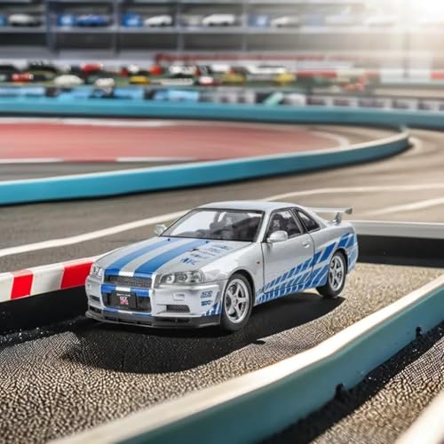 Image of 1:32 Nissan GTR Skyline R34 Diecast Metal Toy Car Pull Back Alloy Car Model with Open Doors, Light & Sound - Kids Toy Car Gift for Boys【 Silver 】