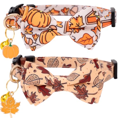 Faygarsle 2 Pack Breakaway Fall Cat Collars with Bow - Boy & Girl - Orange - Autumn Pumpkin Leaf Pattern - Soft Collar - Seasonal Cat Necklace
