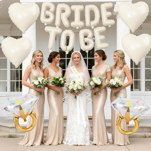 Image of Sand White Bachelorette Party Decorations, Cream White Bride To Be Banner Heart Balloons with Diamond Ring Foil Balloon, Bride To Be Sash&Veil for Bachelorette Engagement Bridal Shower Party Supplies