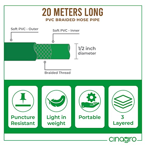 Image of Cinagro 20 Metres Braided Hose Pipe with Nozzle Sprayer and Snap-in Connector for Watering Home Garden, Car Washing, Floor Cleaning & Pet Bathing (1 /2 Inch, Green)
