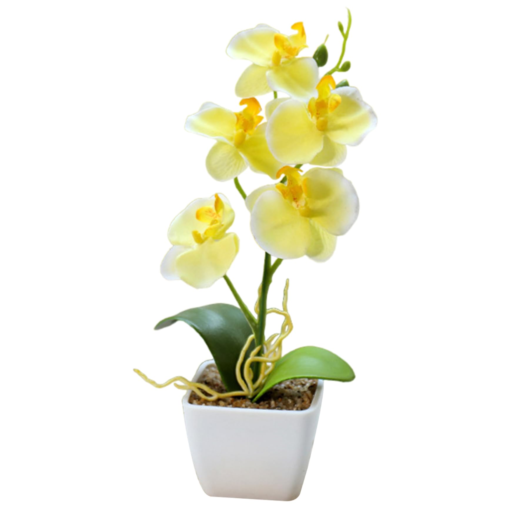 Beahing Yellow Orchid In Pot 10.6 Inch, Realistic Faux Phalaenopsis With 5 Flowers, Artificial Plant For Home Office Wedding