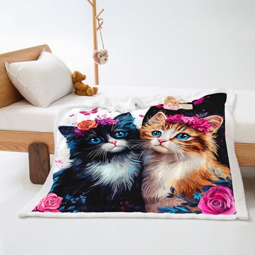 Plaid Cama Gato Mariposa Rosa Colcha Plaid Sofa Verano Diseño de Doble Cara Cubre Colcha Multiusos para Sofas Suave Manta Termica Lana de Cordero de Franela Blanket Espesar Durable 80x150cm