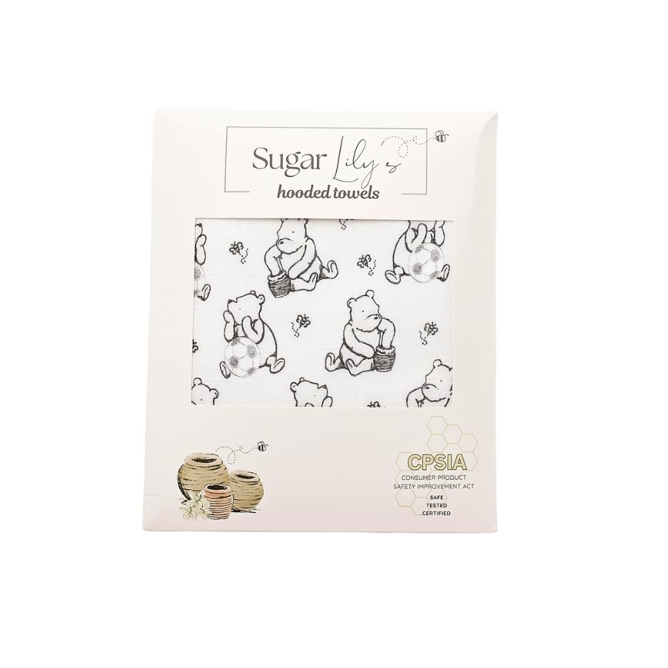 Image of Sugar Lily's-Classic Pooh Hooded Towel and Washcloth Set, Black and White Classic Pooh +Soccer Ball Design, Cotton Terry Lined, Printed Muslin Cotton