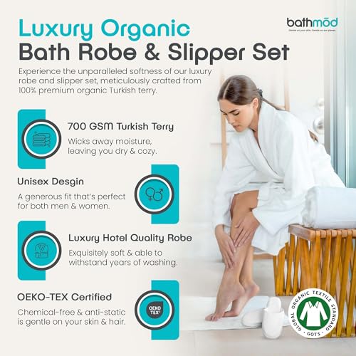 Luxury Organic Bath Robe and Slipper Set - Ultra Plush Turkish Terry Bathrobe with Slippers - GOTS Certified - Unisex, White2
