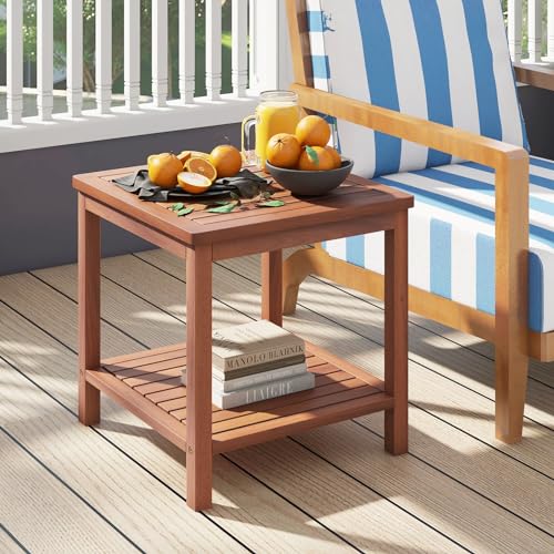 GYMAX Tavolino Laterale, Tavolino da Caffè in Legno Massiccio, con Ripiano Extra, Design a Doghe, Aspetto Moderno per Salotto, Giardino, Balcone, 45 x 45 x 45 cm