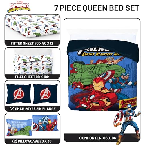 Image of Jay Franco Kids Bed Set, Blue, Avengers, 7 Piece Queen | Cozy Soft Bedding for Stylish Room Decor with Comforter, Sheets & Pillow Covers
