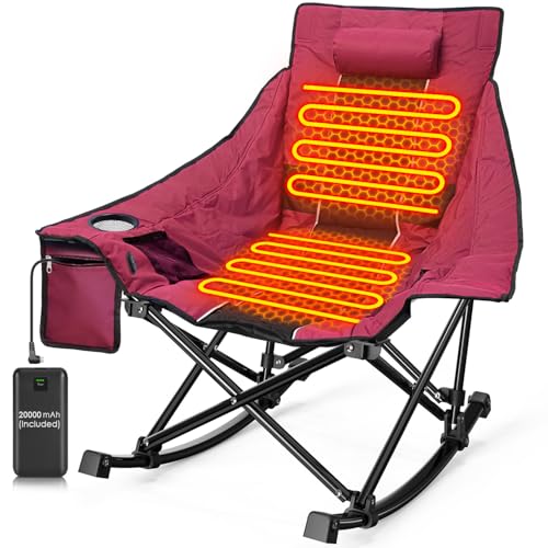 Slendor Heated Rocking Camping Chair 20000mAh Power Bank 3-Speed Dual-Zone Heating 330lbs Capacity Oversized & Padded with Pillow Easy Fold & Carry Bag Red